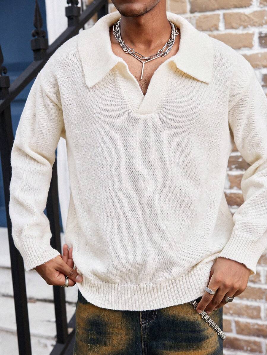 Jersey holgado de ajuste casual de unicolor con hombros caídos para hombre - Blanco - Ver 1