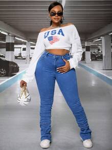 SHEIN SXY Plus Size Women Pleated Pocket Skinny Casual Denim Jeans - Light Wash - View 6