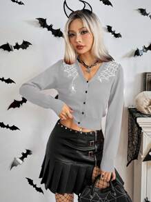 Chiquease Dames Halloween Spinnenweb Print V-hals Cardigan