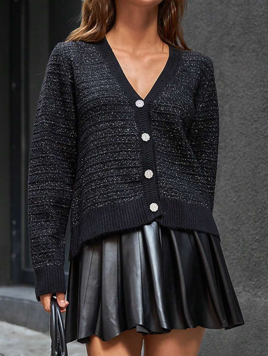 EURMUSE V Neck Cardigan Button Detail Special Style - Black - View 1