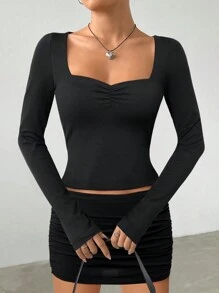INAWLY 2 Stücke Damen Lässig Set aus einfarbigem anliegendem T-Shirt und Mini-Rock, Herbst - Schwarz - Übersicht 3
