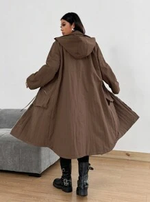 Flirla Casual Retro Workwear Jacket, Loose Fit Plus Size Mid-Length With Waist Drawstring - Brown - View 2