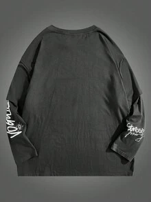 Manfinity RebelGame Plus Size Men's Long Sleeve Eye & Letter Print Mock-Layered Knit T-Shirt - Black - View 2