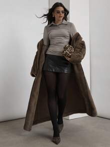 COSMINA Women Autumn Minimalist Pleated Zip-Up Fitted Long Sleeve Blouse - Grey - View 1