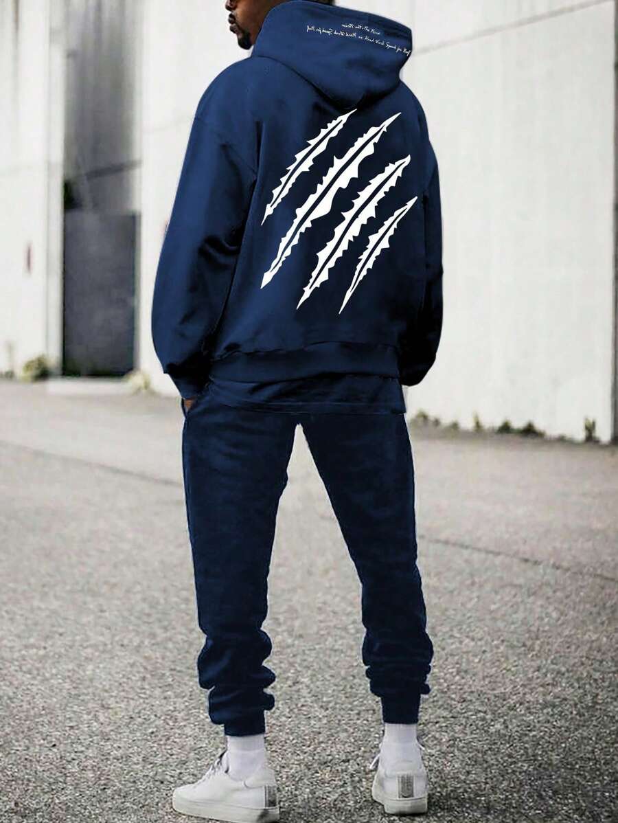 SHEIN 2pcs Sets Casual Hooded Pullover With Scratch Design And Jogger Sweatpants Suit For Teen Boys, Suitable For Valentine's Day, Autumn/Winter, Sports, Casual, Streetwear