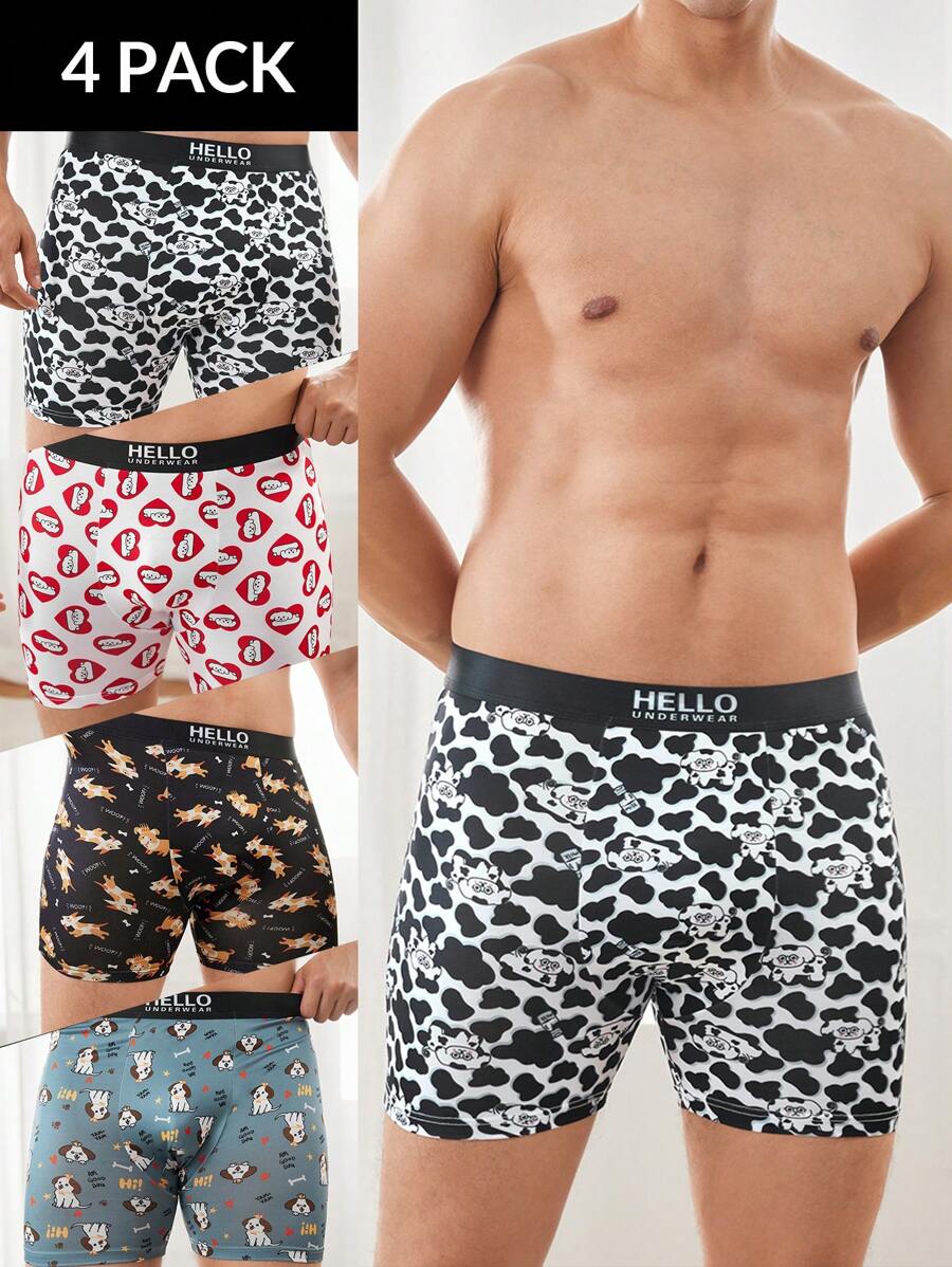 4pcs/Pack Men's Letter & Cartoon Print Casual Boxer Briefs - Multicolor - View 1