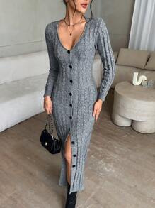 SHEIN Privé Women's Gray Cable Knit Open Front Long Sleeve Maxi Sweater Dress - Grey - View 6