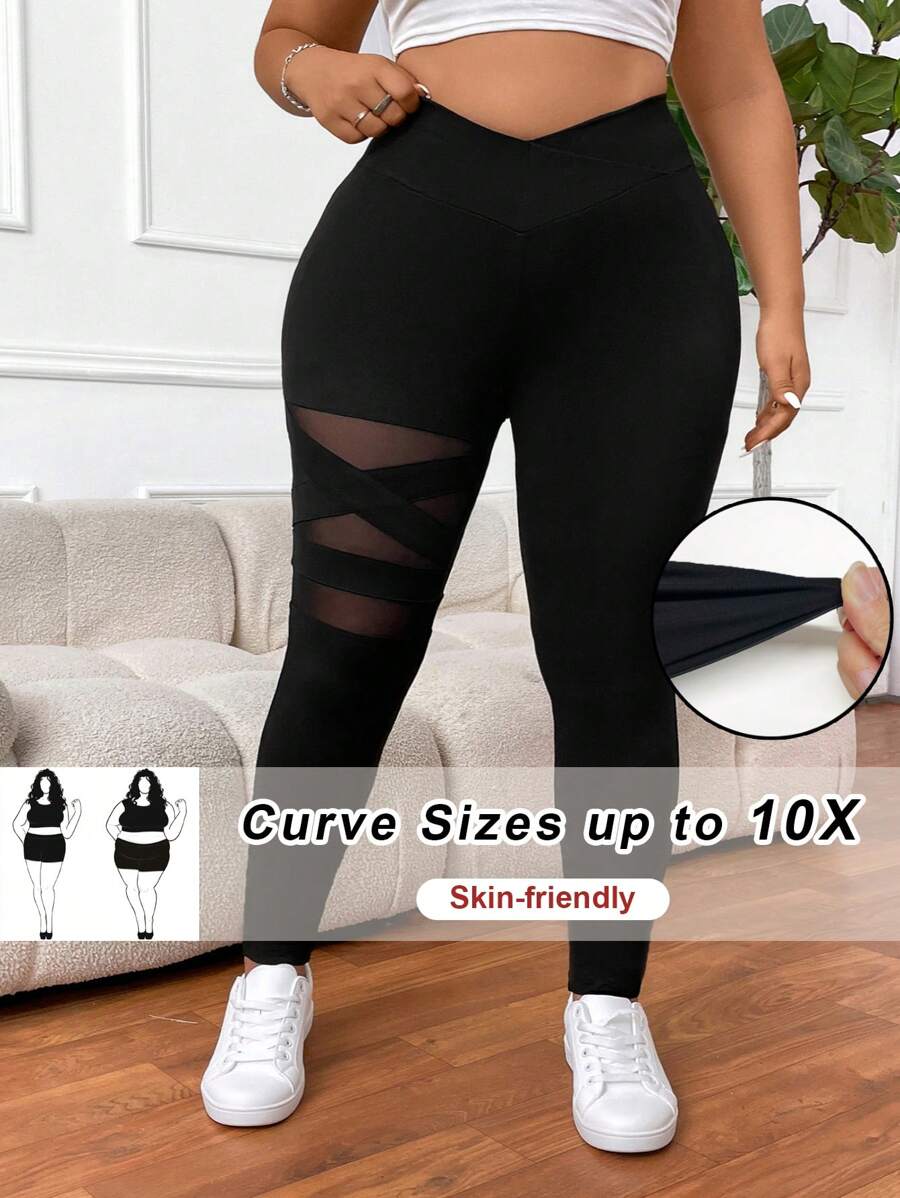 SHEIN CURVE+ 大码女式纯色基本款日常紧身裤 - 黑色 - 查看 1