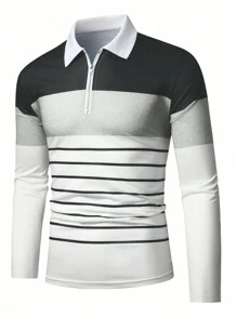 Manfinity Homme Áo thun polo sọc tương phản kéo khóa hàng ngày cho nam vào mùa thu - Màu xám đen - Xem 4