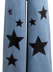 SHEIN 2pcs/Set Tween Girl/Teen Five-Pointed Star Print Denim Pants And Gray Casual Undershirt