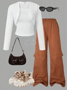 Teen Girl Casual 3-Piece Set: Solid Long Sleeve Open Front Jacket, Camisole & Cargo Pants, Autumn, Fall Outfit - Mocha Brown - View 8