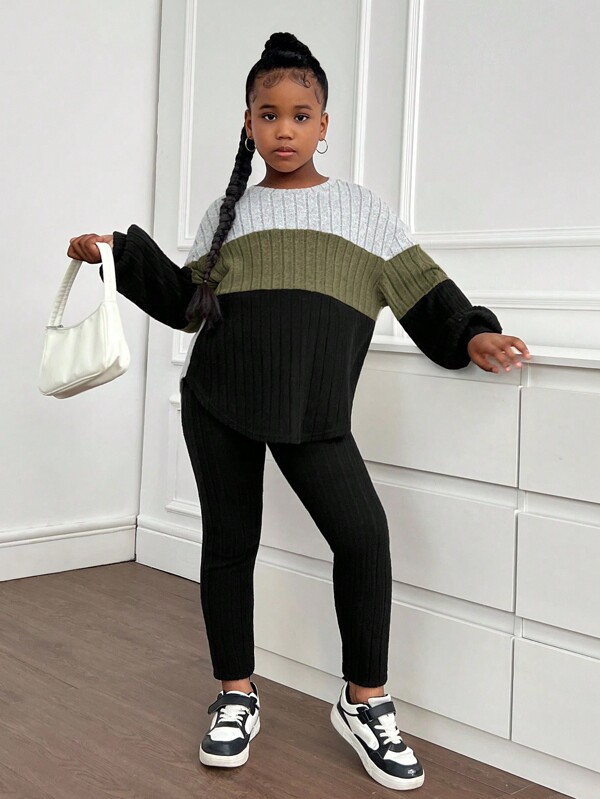 SHEIN Tween Girls Casual Colorblock Ribbed Long Sleeve Top And Pants 2 Pieces Set
