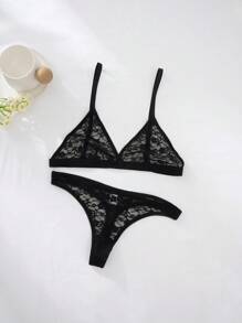 SHEIN Women's Classic Sexy Black Lace Lingerie Set With Spaghetti Strap Bra And Thong, Baddie Look - Black - View 9