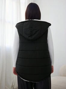 SHEIN EZwear Plus Size Women's Black Fuzzy Sleeveless Vest Jacket - Black and White - View 2
