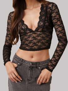 INAWLY Women Lace Trim Sheer Long Sleeve Blouse Fall Cloth For Women - Black - View 1