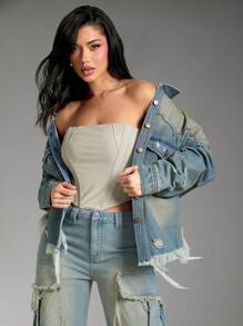SHEIN Unity Premium Denim Western Tinted Ripped Denim Shacket - Medium Wash - View 8