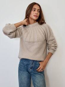 Giddy West Giddy West 1pc Women Casual Everyday Solid Color Round Neck Loose Knit Sweater, Autumn/Winter, Knit Pullover Fall - Apricot - View 5