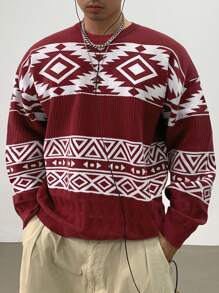 DAZY Christmas Geometric Pattern Casual Knit Sweater For Men, Autumn Christmas - Red - View 8