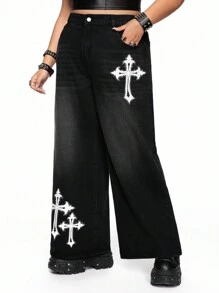 ROMWE Grunge Punk Plus Size Punk Cross Print Rhinestone Vintage Wash Loose Fit Jeans