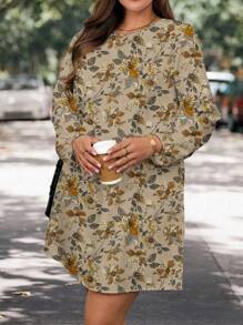 SHEIN LUNE Robe mi-longue à manches lanternes pour femmes grande taille, style casual d'automne. Vêtements convenant à l'automne/hiver
