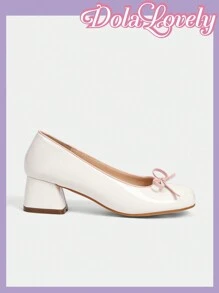Dola Lovely Tacones gruesos con puntera redonda, escote bajo y decoración de lazo, elegantes tacones altos para mujer, novedad para Año Nuevo y San Valentín