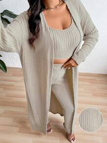 SHEIN Clasi Plus Size Women 3 Pieces Set: Super Soft Fleece Vest + Pants + Jacket - Apricot - View 2