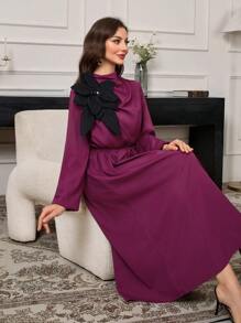 Modelyn Women 3D Floral Cinched Waist Waist Long Dress, Elegant Long Evening Dresses - Red Violet - View 8