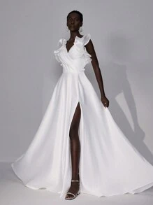 SHEIN Belle Elegant And Gorgeous Beige Luxury V-Neck 3D Three-Dimensional Flower Ruffle Sleeves Glossy Satin Gathered Large A-Slit Slit Dress Suitable For Wedding Events Bachelor Party Holiday Dance Honeymoon Wedding Dress, White Bridal Dress