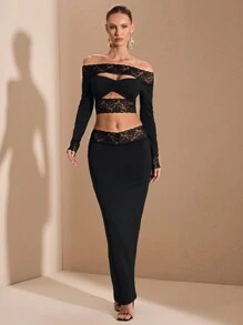 SHEIN BAE Bộ 2 món áo hở vai viền ren thanh lịch cho nữ và chân váy, thích hợp cho buổi hẹn hò thường ngày, đi chơi đêm, trang phục dự tiệc câu lạc bộ, tay dài, mùa thu - màu đen - Xem 3