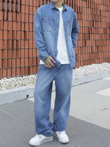 Manfinity Homme Men Plus Size Casual Fashionable Washed Denim Jacket And Jeans Set, Suitable For Spring And Autumn - Medium Wash - View 6