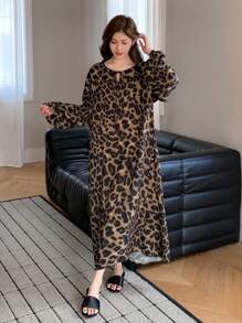 DAZY Bộ đồ ngủ Pijama cổ buộc họa tiết da báo in toàn thân, Moo Moo, cho mùa thu - Cà phê nâu - Xem 5