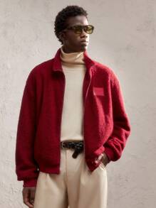 AKNOTIC Strickjacke für Herren mit Stehkragen, offenem Vorderteil, Dropped Shoulder, Langarm, kurz, locker, Fleece, geeignet für Herbst/Winter, Lässig und Party Anlässe, rot mit Sherpa-Stoff, Buchstaben Logo und Metalreißverschluss - Rot - Übersicht 4