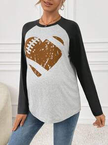 SHEIN 孕妇休闲日常心形印花撞色插肩袖 T 恤，秋季，冬季