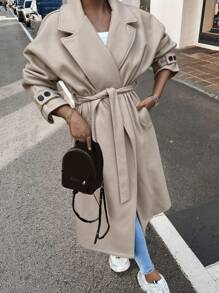 Chiquease Women's Casual Loose Oversized Shoulder Epaulette Long Sleeve Button Cuff Long Coat - Khaki - View 1