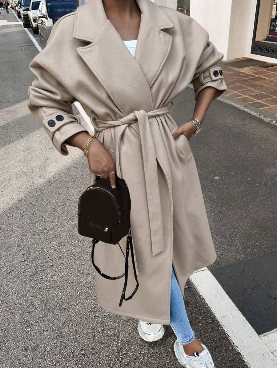 Chiquease Women's Casual Loose Oversized Shoulder Epaulette Long Sleeve Button Cuff Long Coat - Khaki - View 1