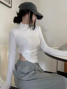 DAZY 1 件女式纯色修身 T 恤，休闲日常穿着，秋季 - 白色 - 查看 2