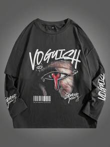 Manfinity RebelGame Plus Size Men's Long Sleeve Eye & Letter Print Mock-Layered Knit T-Shirt - Black - View 1