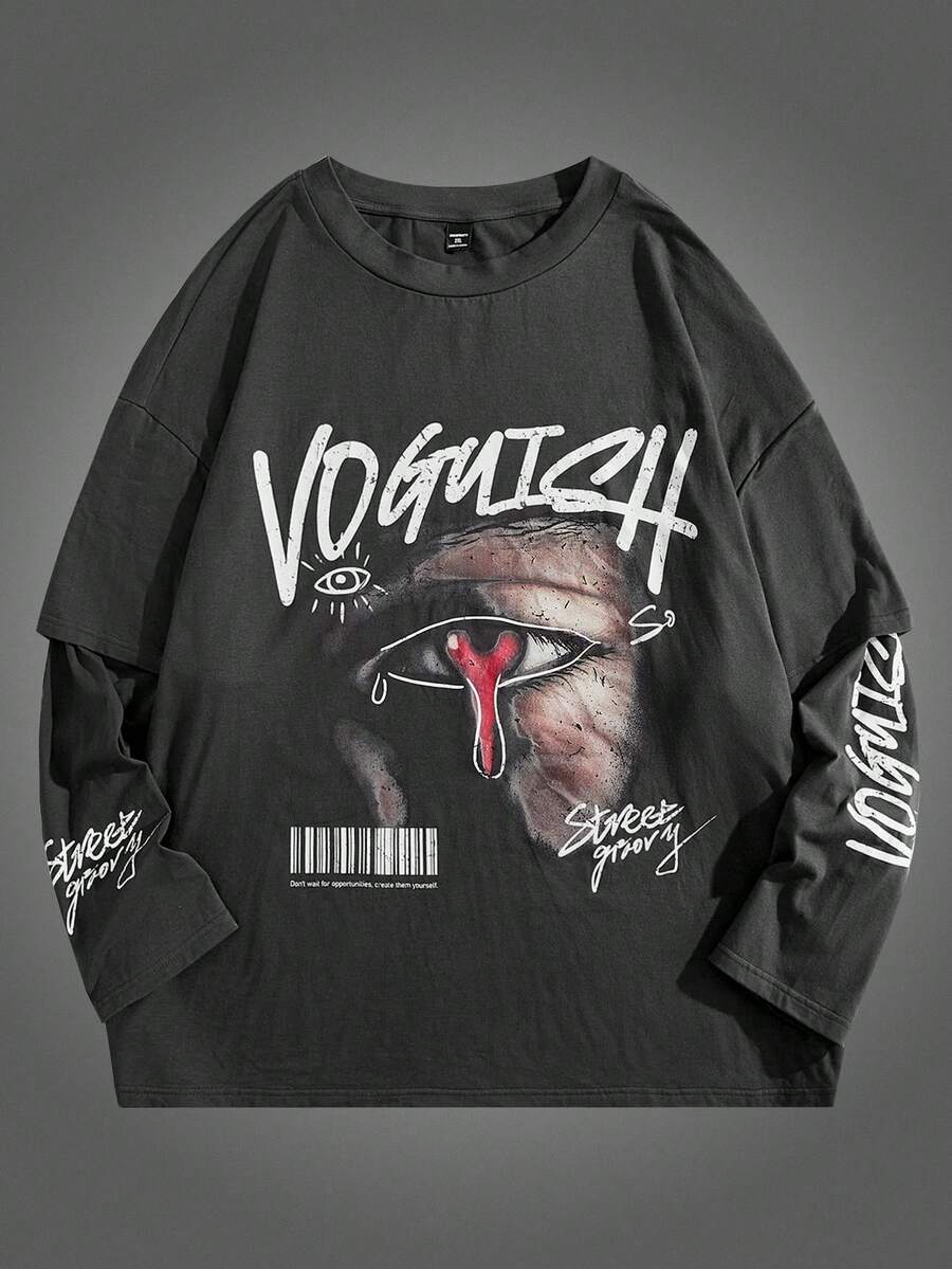 Manfinity RebelGame Plus Size Men's Long Sleeve Eye & Letter Print Mock-Layered Knit T-Shirt - Black - View 1