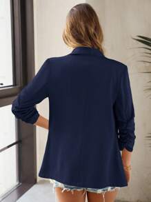 SHEIN LUNE Women's Casual Solid Color Draped Collar Ruched Sleeve Blazer For Autumn - Navy Blue - View 7