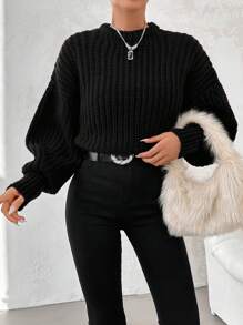 EURMUSE Solid Drop Shoulder Sweater - Black - View 4