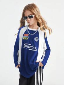 SHEIN Tween Girls Outono Preppy Streetwear Sportswear Blockcore Futebol Camiseta Grande Para Volta Às Aulas