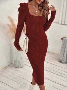 SHEIN Unity 1pc Solid Color Square Neck Ribbed Knit Long Sleeve Sweater Dress For New Year Clothes Fall Cloth For Women - Red - View 4