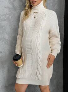 SHEIN Turtleneck Cable Knit Maternity Long Sweater Top, For Winter - White - View 1