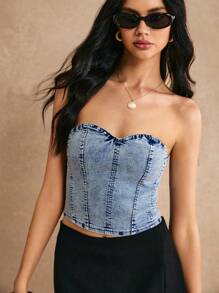Poéselle Sexy Short Cropped Elastic Denim Strapless Top In Blue - Medium Wash - View 2