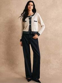 Poéselle 1 chiếc áo len cardigan ngắn tay đơn hàng ngày màu tương phản cho nữ, 2024 AW, Quần áo mùa đông - Màu Khaki - Xem 5