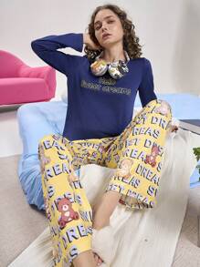 Women Motto Print Crew Neck Top & Letter Graphic Pants Pajama Set - Multicolor - View 4