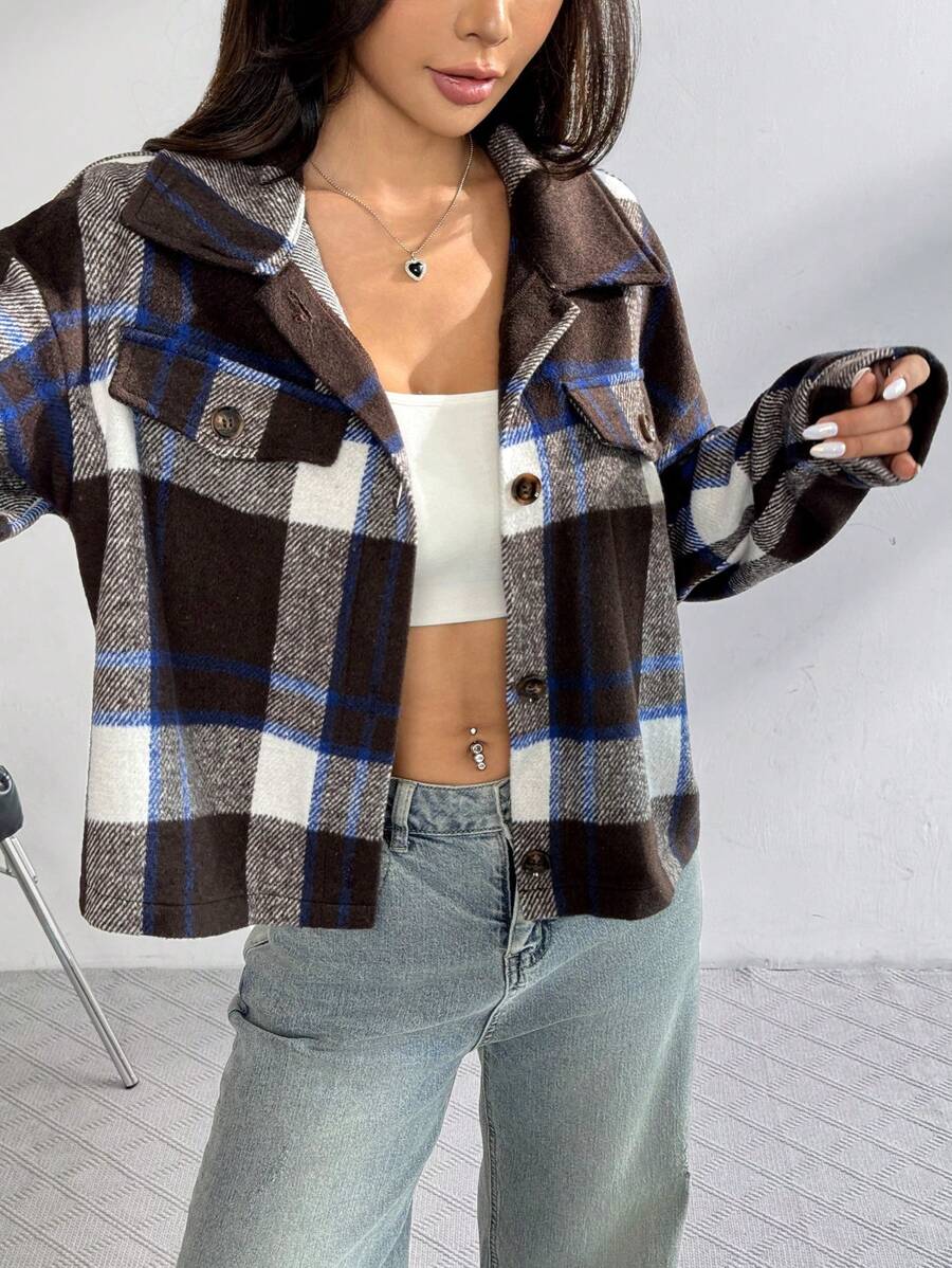 SHEIN EZwear 女式格纹落肩长袖短款休闲夹克,秋冬 - 棕色 - 查看 1