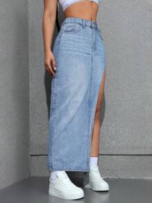 SHEIN EZwear 女士性感高开叉长款牛仔裙 - 淺色水洗藍 - 查看 4