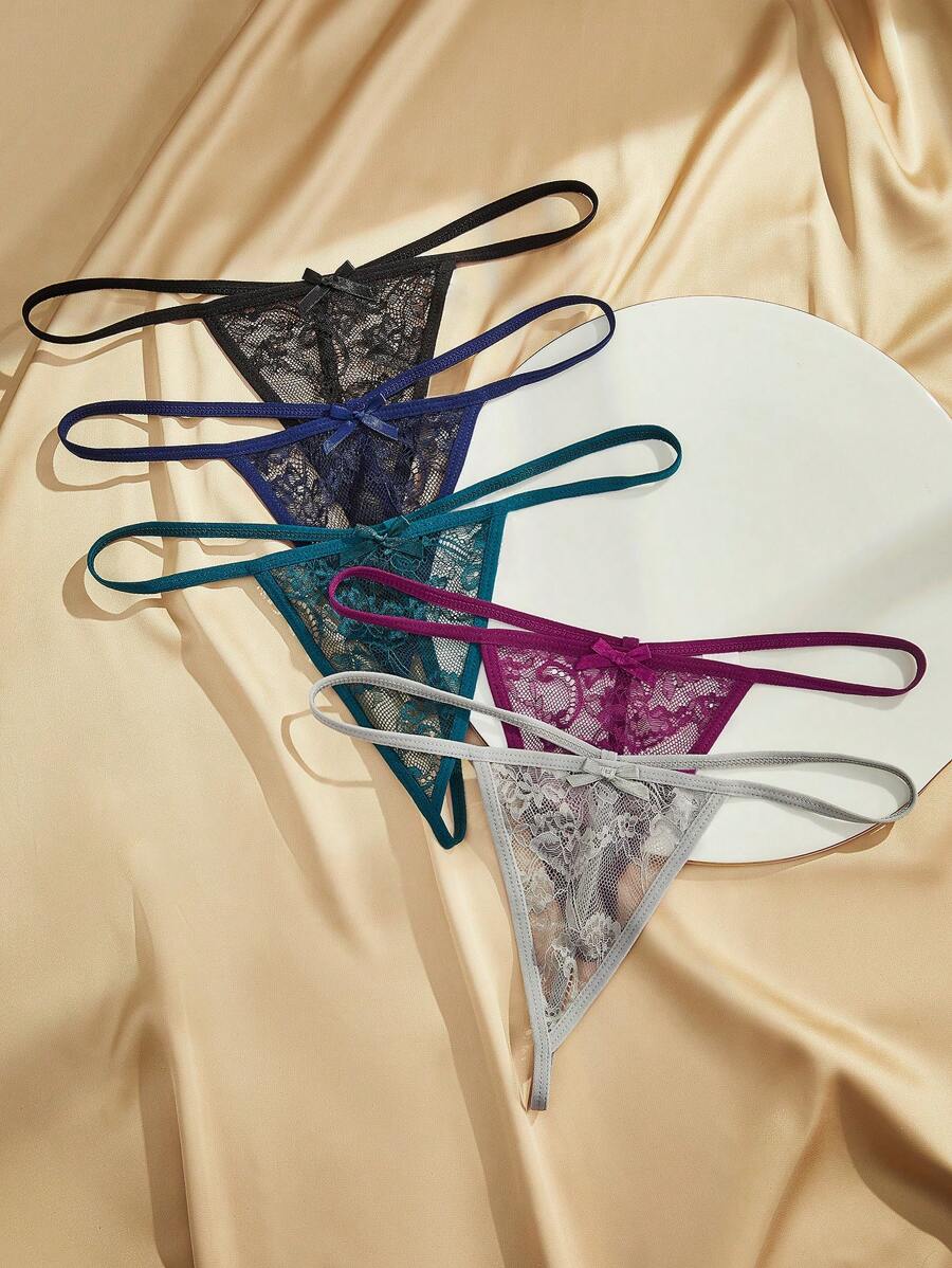 Charlaine 5pcs/Pack Women's Sexy Lace Bow Decor T-Back G-Strings Bow Tie