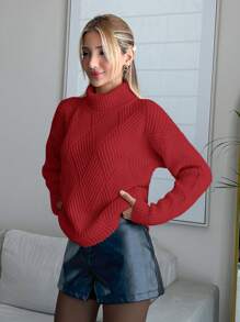 EURMUSE Women Solid Color Diamond Pattern Turtleneck Pullover - Merah - View 7